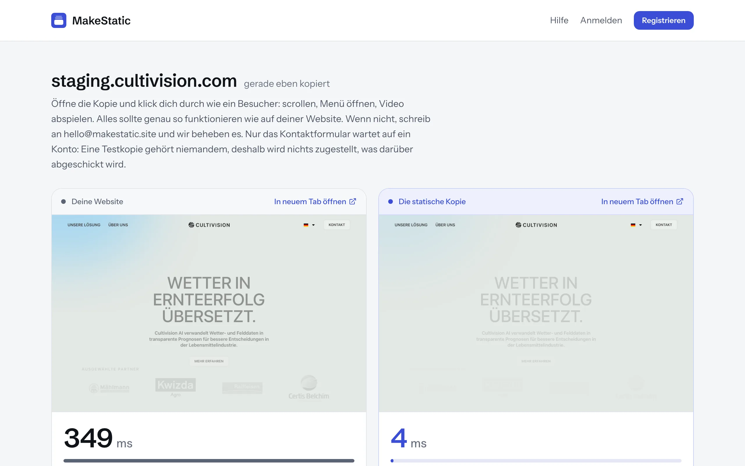 Screenshot: das Ergebnis des Tests. Links die Original-Website, rechts die Kopie, jeweils mit der Zeit, die sie zum Antworten gebraucht hat.