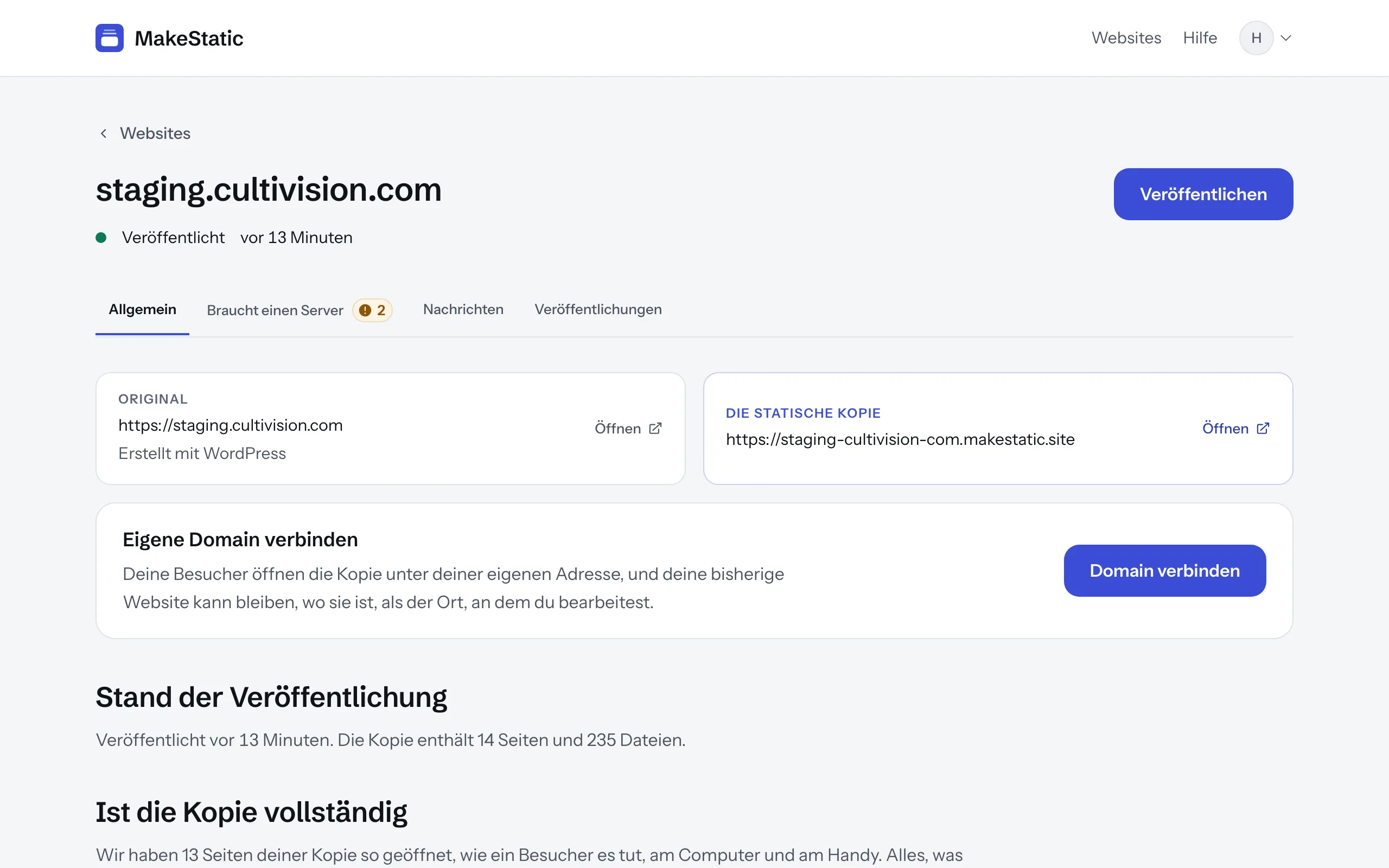 Screenshot: die Seite einer Website im Tab „Allgemein“. Das Original und die Kopie, das Verbinden einer Domain und wann die Kopie veröffentlicht wurde.
