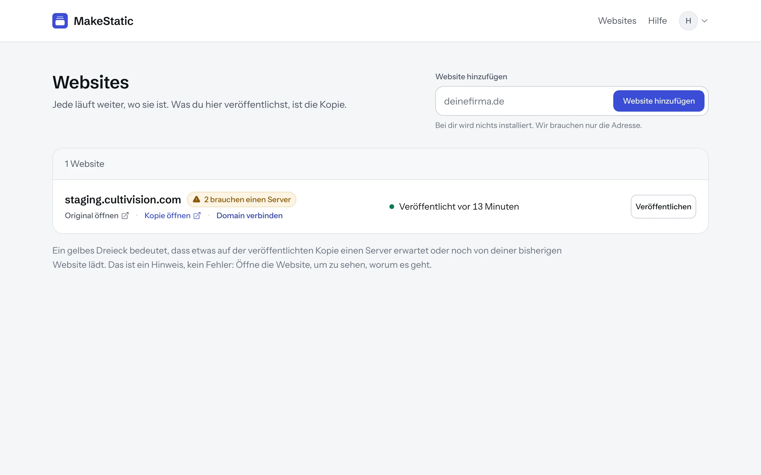 Screenshot: die Liste der Websites. Eine Website mit dem Zeitpunkt ihrer Veröffentlichung, den Buttons zum Öffnen von Original und Kopie und „Veröffentlichen“.