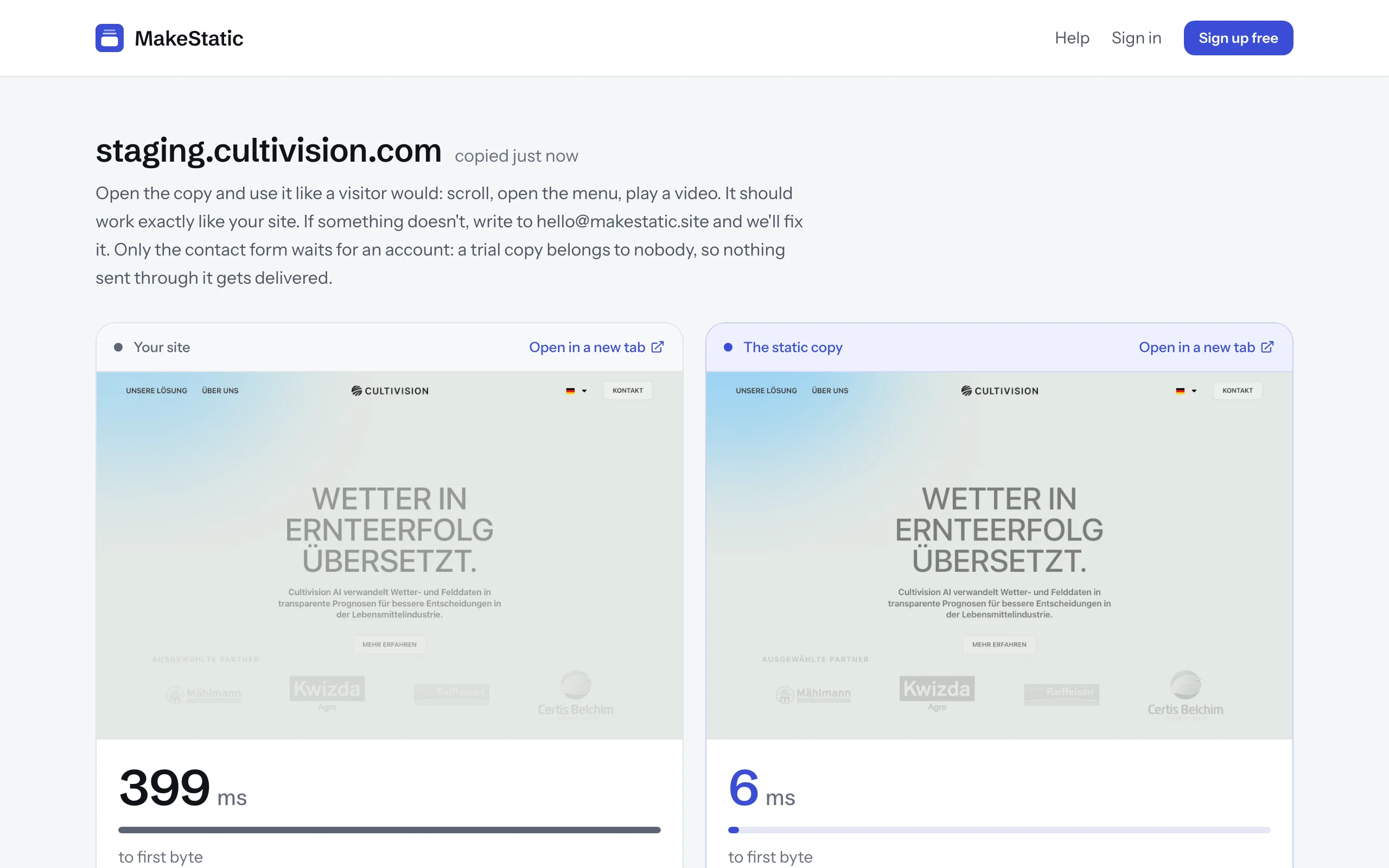 Screenshot: the result of the test. The original site on the left, the copy on the right, each with the time it took to answer.