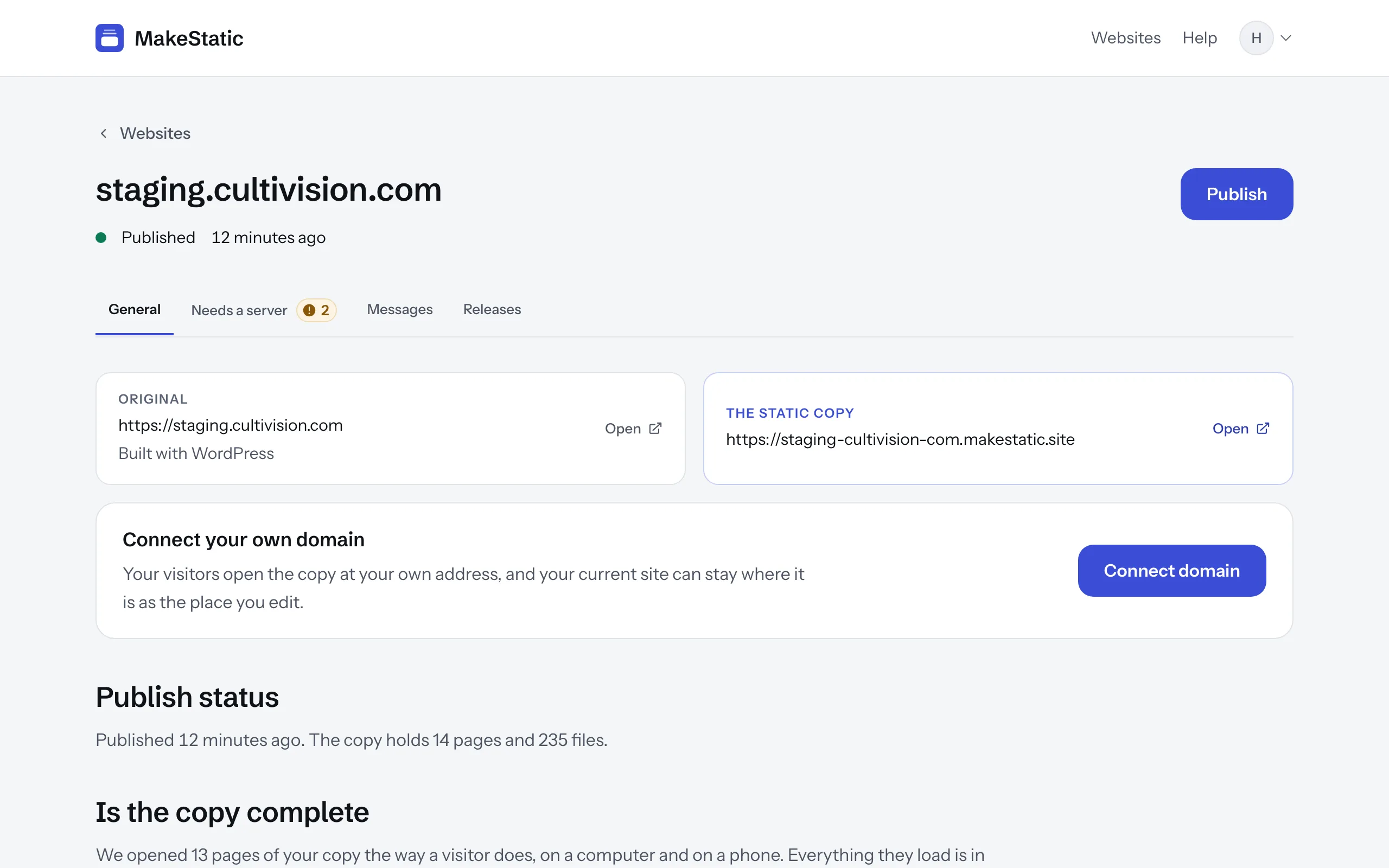 Screenshot: a website's page on the General tab. The original and the copy, connecting a domain, and when the copy was published.