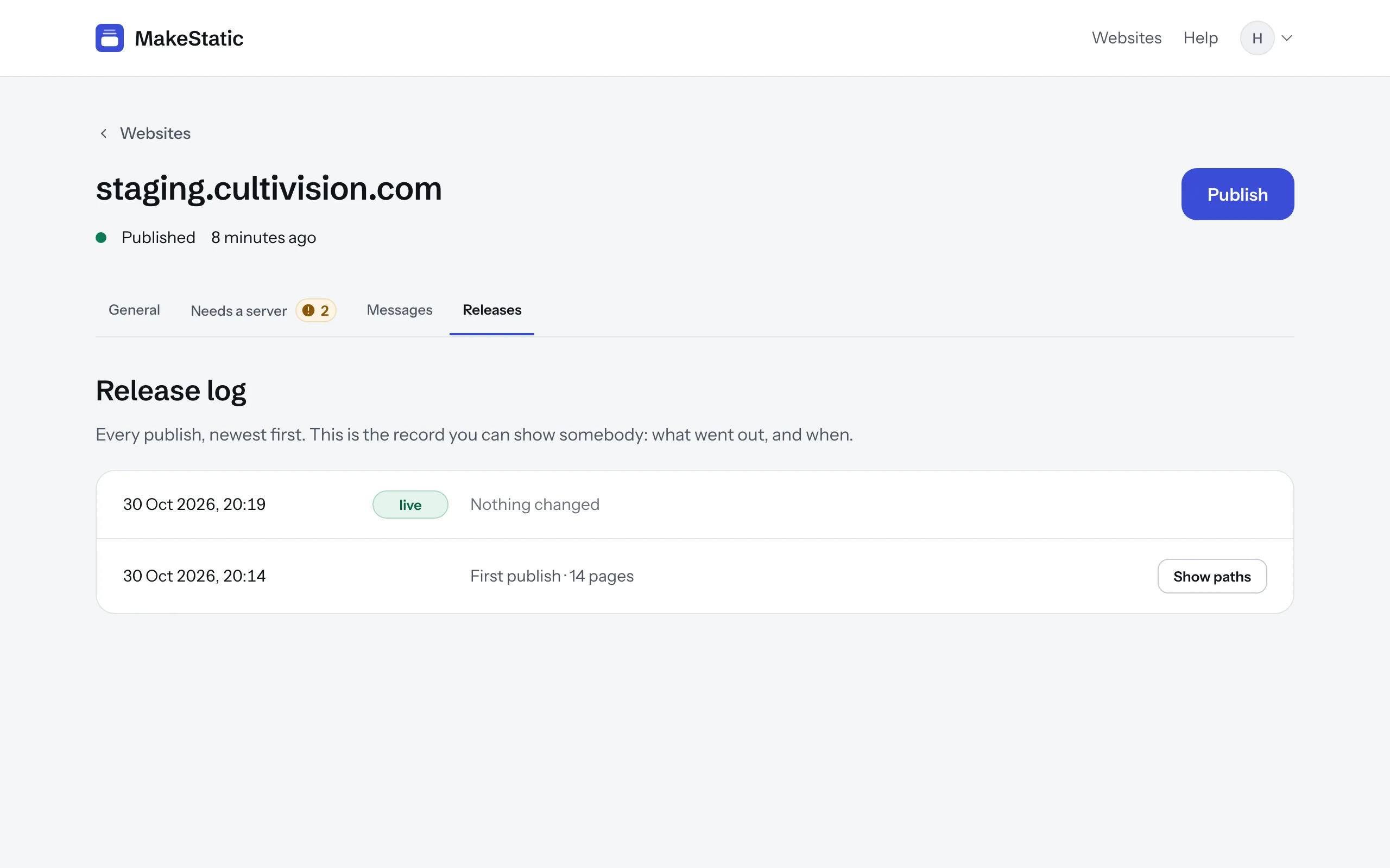 Screenshot: the Releases tab of a website. Two publishes, newest first, each with its date and what it changed; the newest is marked live.