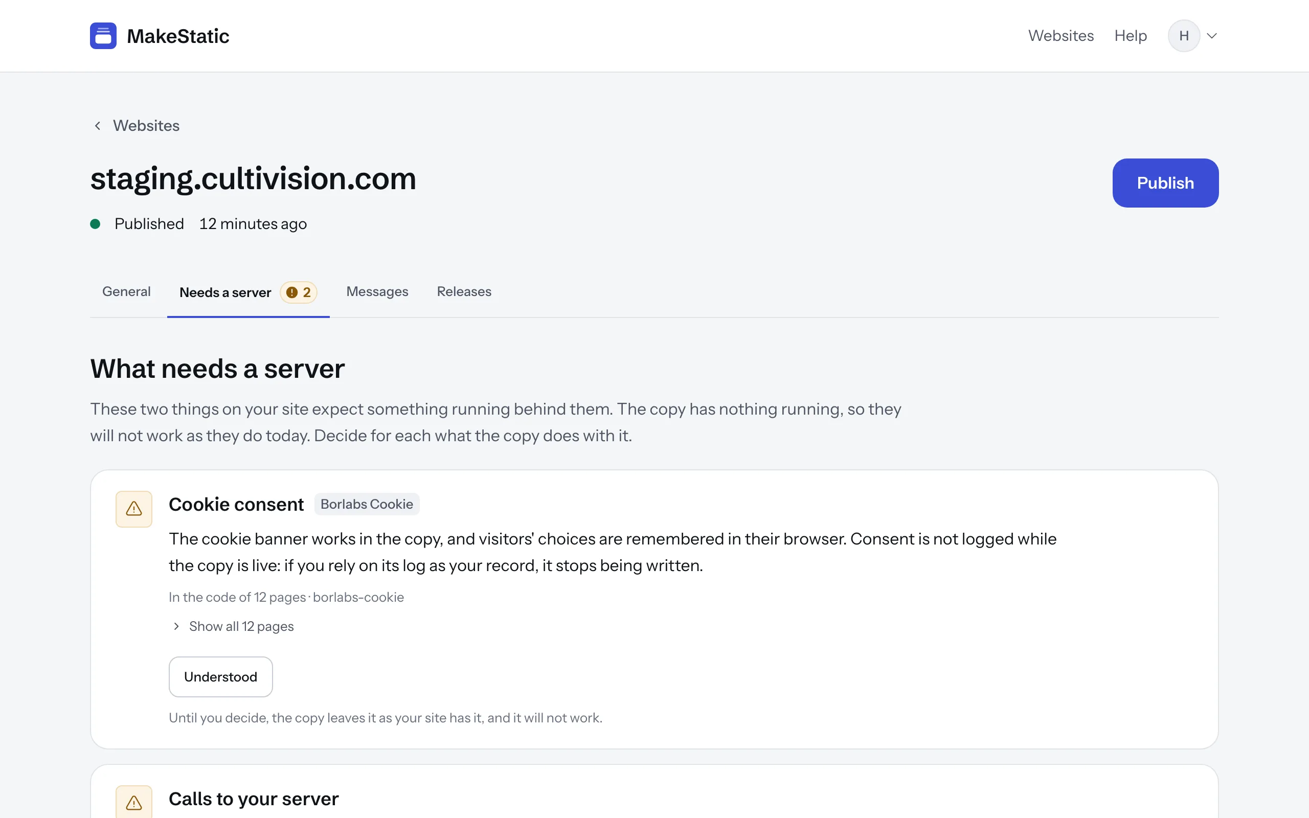 Screenshot: the Needs a server tab. A form found on the site, the page it is on, and the choice of what the copy does with it.